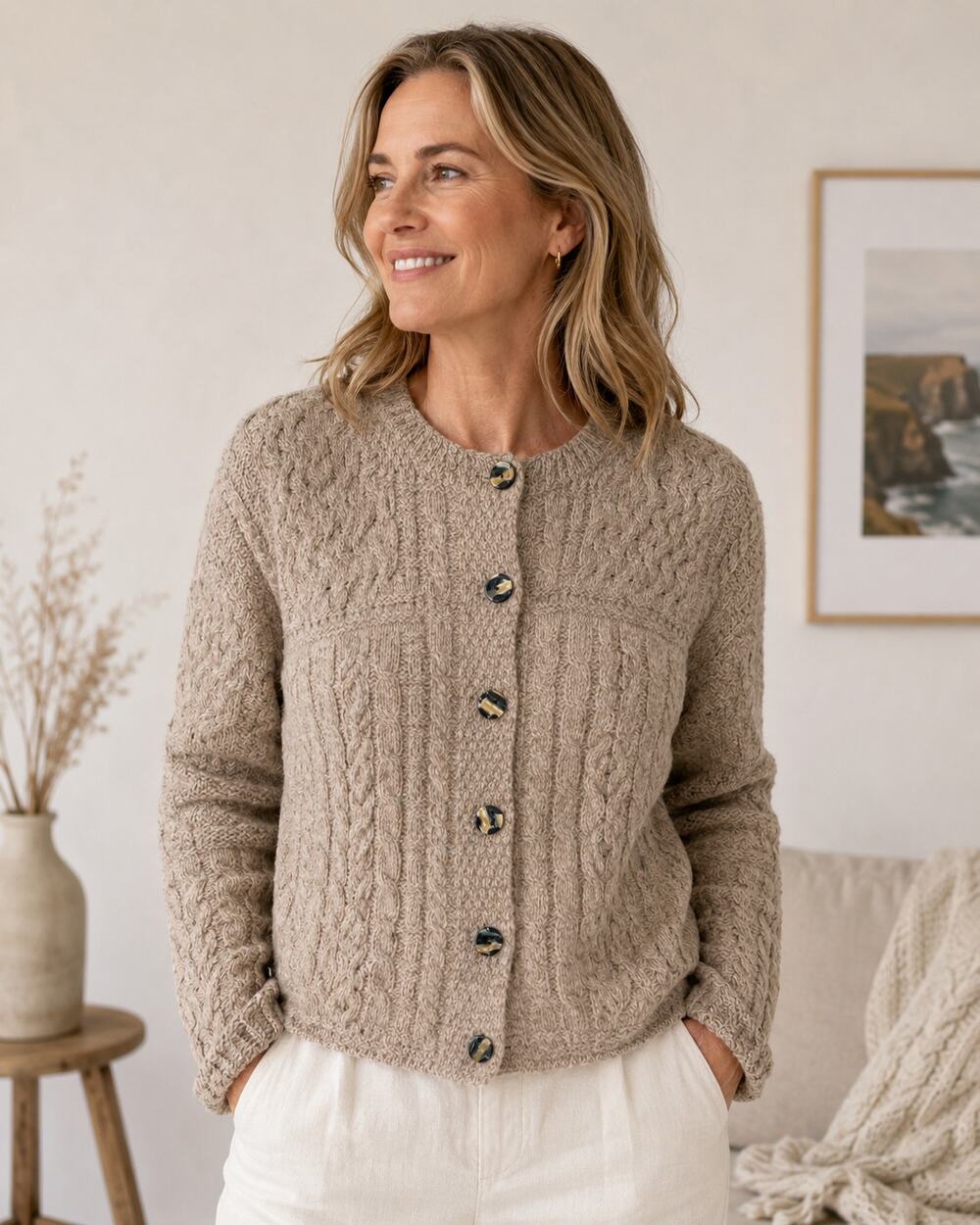 Carraig Donn Womens 100% Merino Wool Cardigan Sweater Large Cable Knit Fisherman